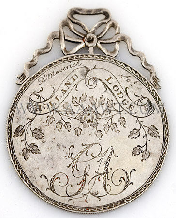 Silver, Engraved Masonic Jewell
Holland Lodge, NYC
Signed by Peter Rushton Maverick (1755 - 1811), entire view